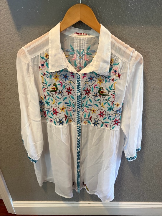 Johnny Was Tops - Johnny Was Large Embroidered Cupra Rayon Blouse White Floral Bird Boho Tunic Top